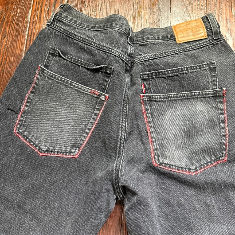 Levis Premium Jeans Womens 33x26 Black Double Pocket Red Stitch Faded Raw Hem